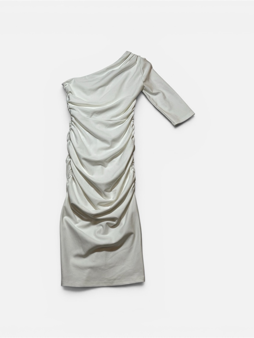 Alieva Dolly Bodycon White One-Shoulder Fitted Ruched Midi Dress with Belt Sz L - Picture 6 of 15